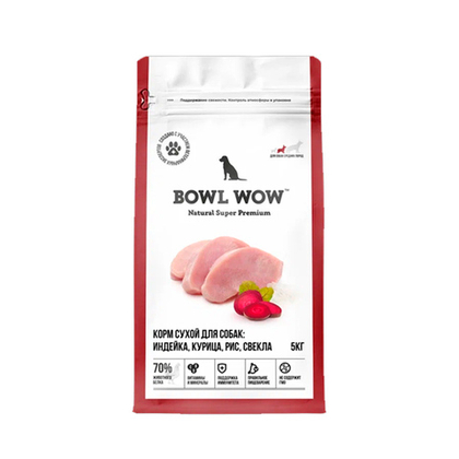 Сухой корм для взрослых собак средних пород Индейка, Курица, Рис, Свекла BOWL WOW 5 кг