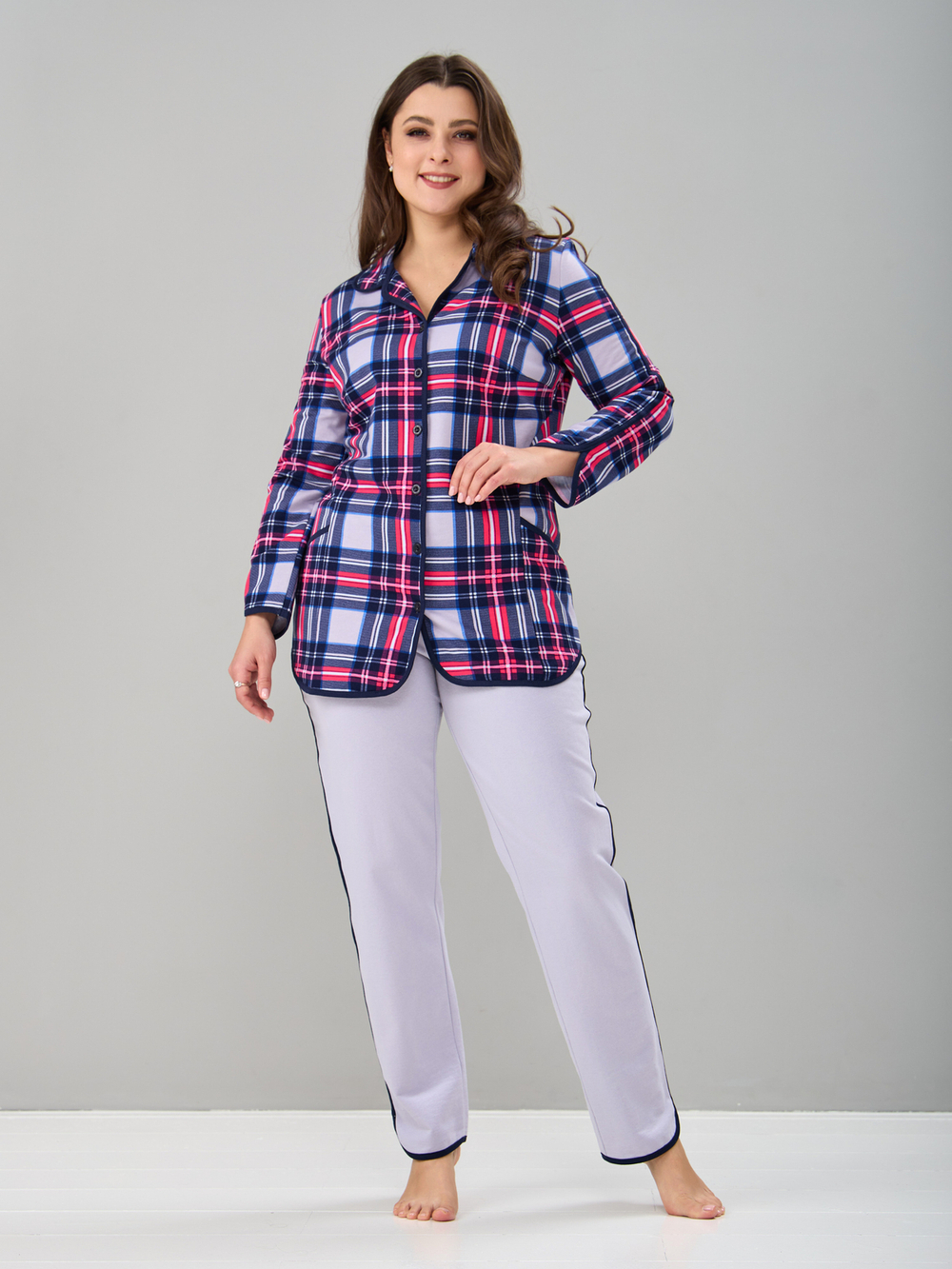 Пижама с брюками КБ-002/клеткасерая-малина