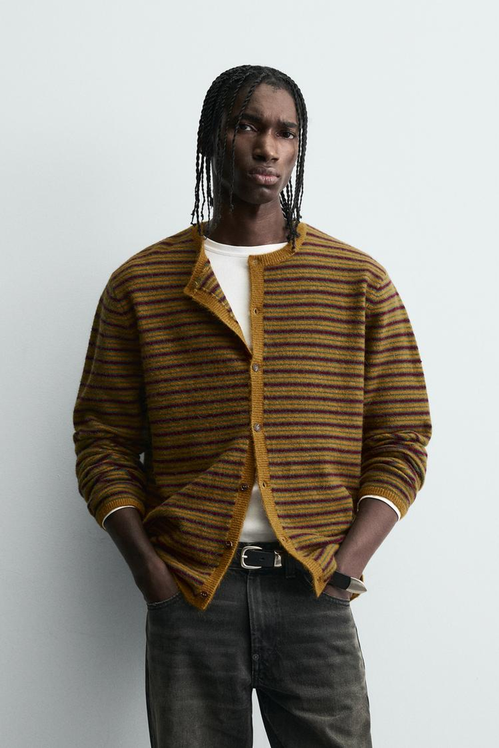 ZARA ЖАККАРДОВЫЙ КАРДИГАН В ПОЛОСКУ, ГОРЧИЧНЫЙ