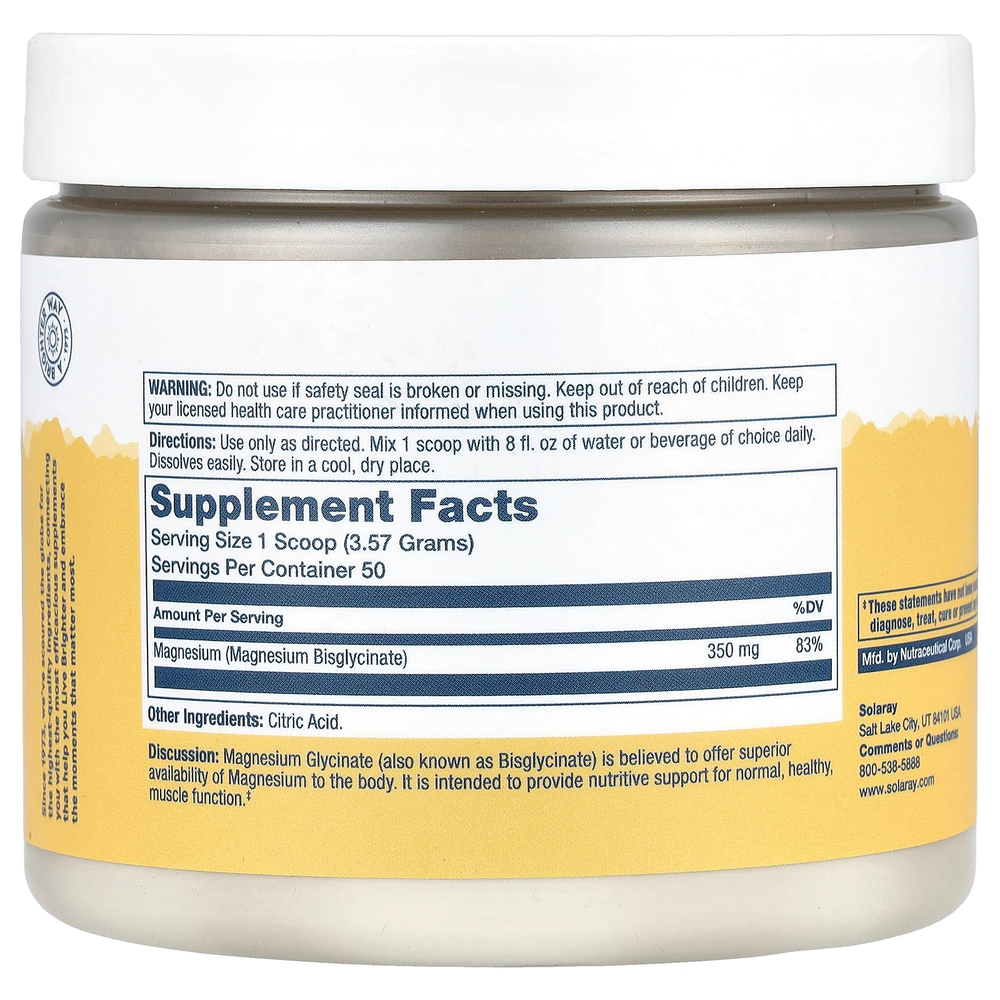 Solaray, Порошок глицината магния с высокой абсорбцией, без добавок, 179 г (6 унций)