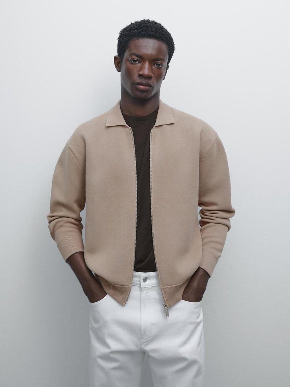 Massimo Dutti Кардиган из смесового хлопка с застежкой-молнией, норка