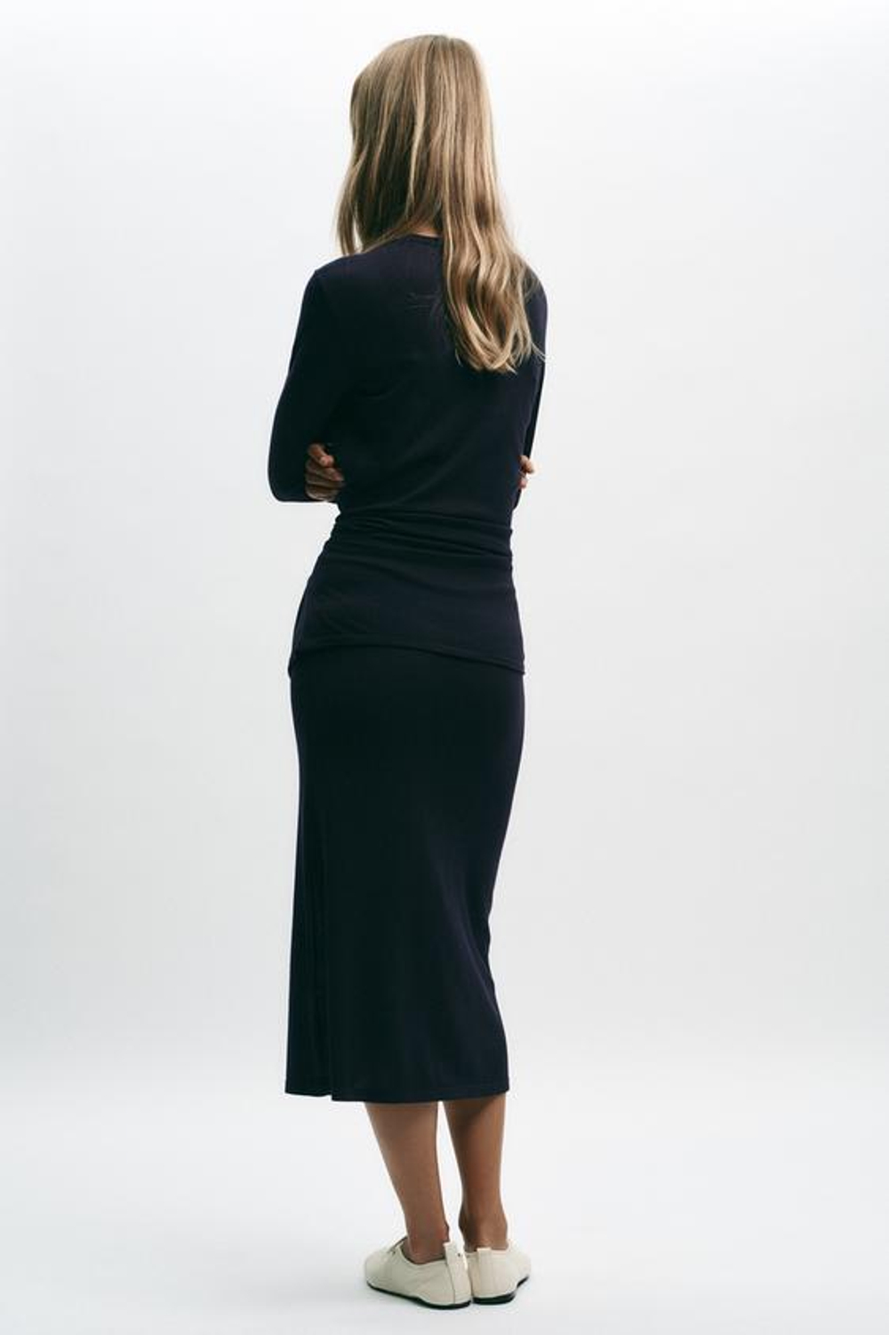 ZARA ЮБКА-МИДИ ОДНОТОННАЯ ТРИКОТАЖНАЯ, МОРСКОЙ СИНИЙ