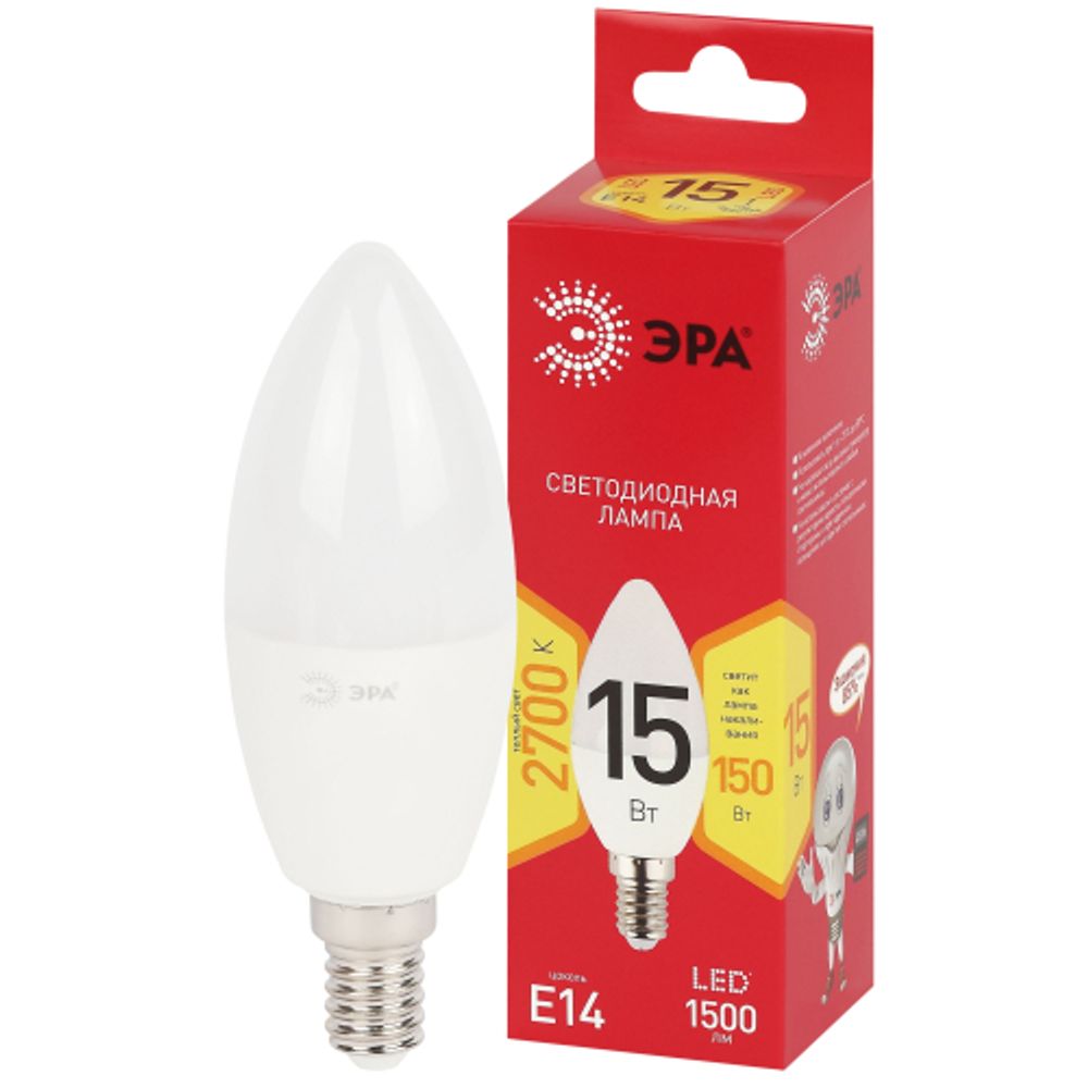 Лампа светодиодная ЭРА RED LINE LED B35-15W-827-E14 R 15Вт свеча теплый белый свет Е14 | Лампы cветодиодные Свеча (B/C)