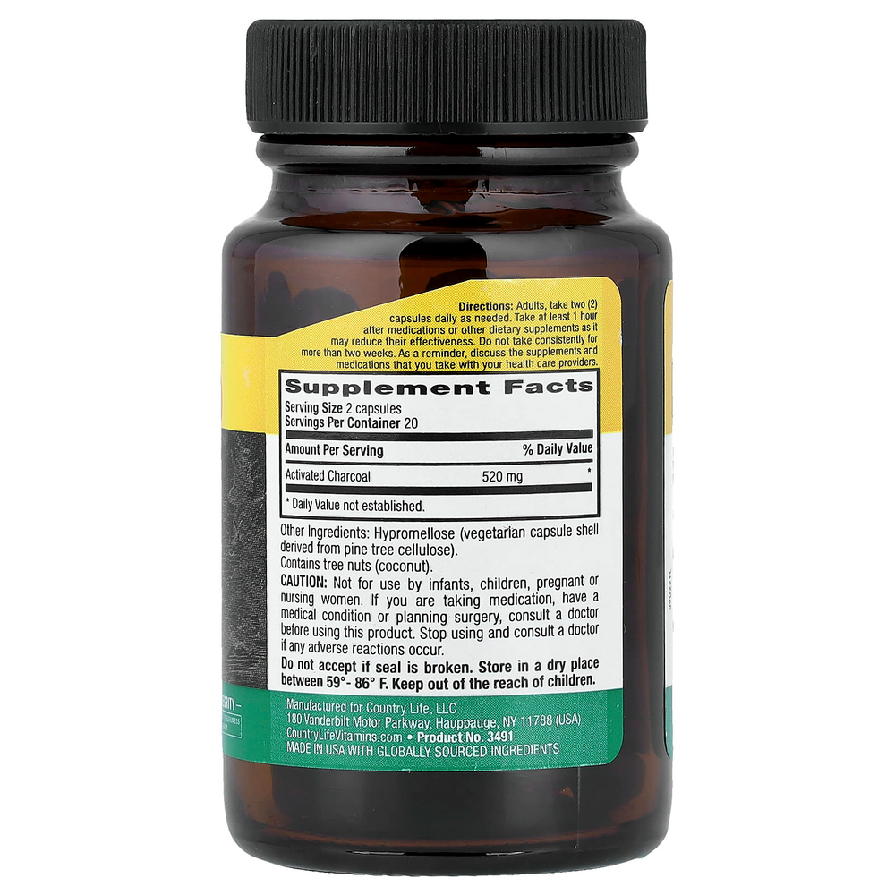 Country Life, активированный уголь, кокос, 40 веганских капсул (260 мг в 1 капсуле)