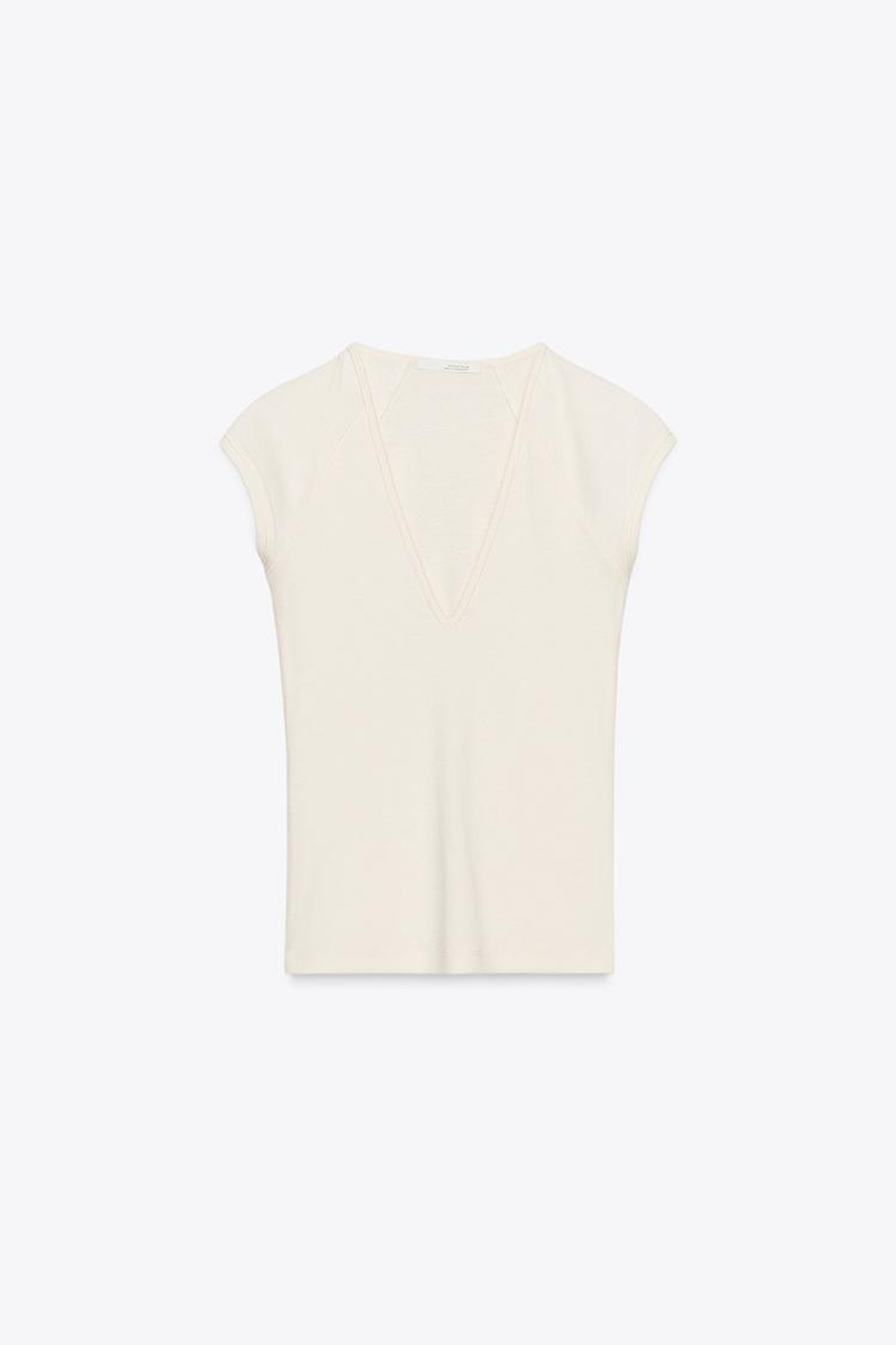 ZARA ФУТБОЛКА В РУБЧИК С V-ОБРАЗНЫМ ВЫРЕЗОМ, ЭКРЮ