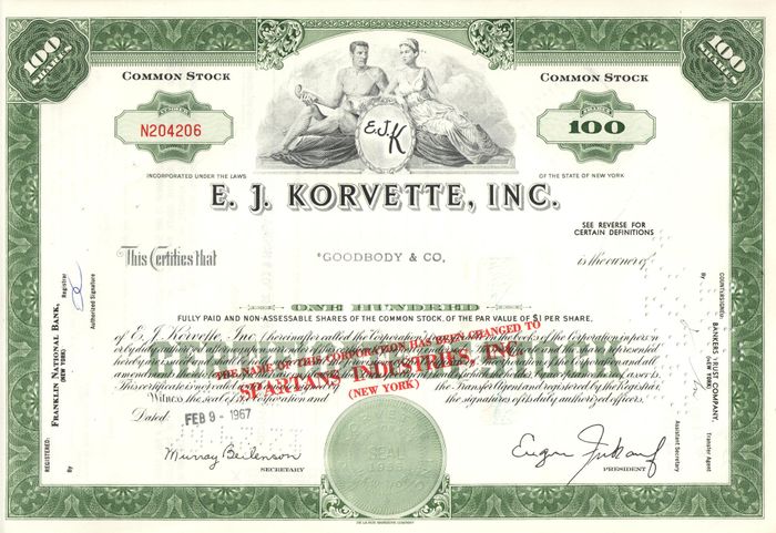 Акция E. J. Korvette. Inc. 1967 США