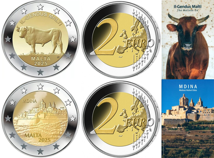 Мальта 2 евро, 2025 Мальтийский бык и Мдина