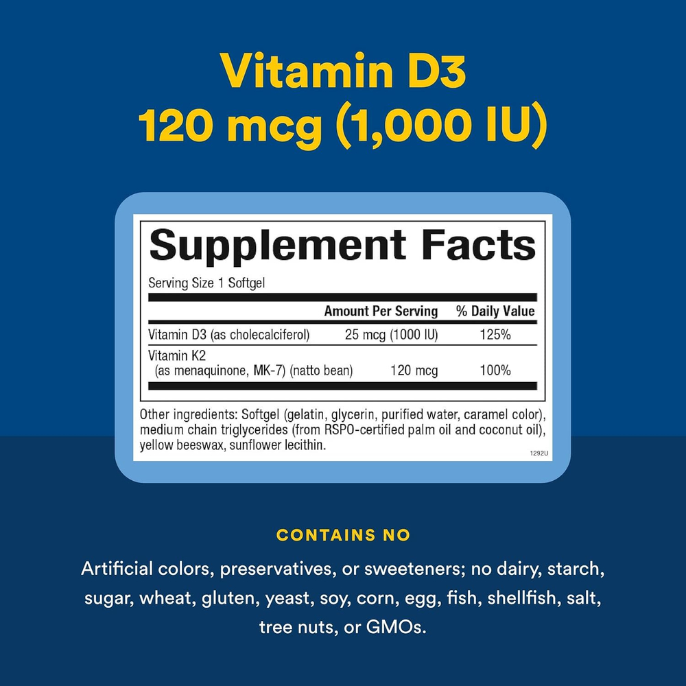 Natural Factors, витамины D3 и K2, 25 мкг (1000 МЕ) и 120 мкг, 60 капсул