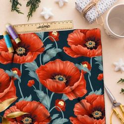 Ткань премиум атлас крупные маки на синем