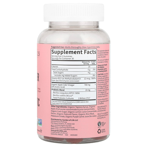 Garden of Life, Organics, жевательные мармеладки с органическим яблочным уксусом и пробиотиками, 60 веганских жевательных таблеток