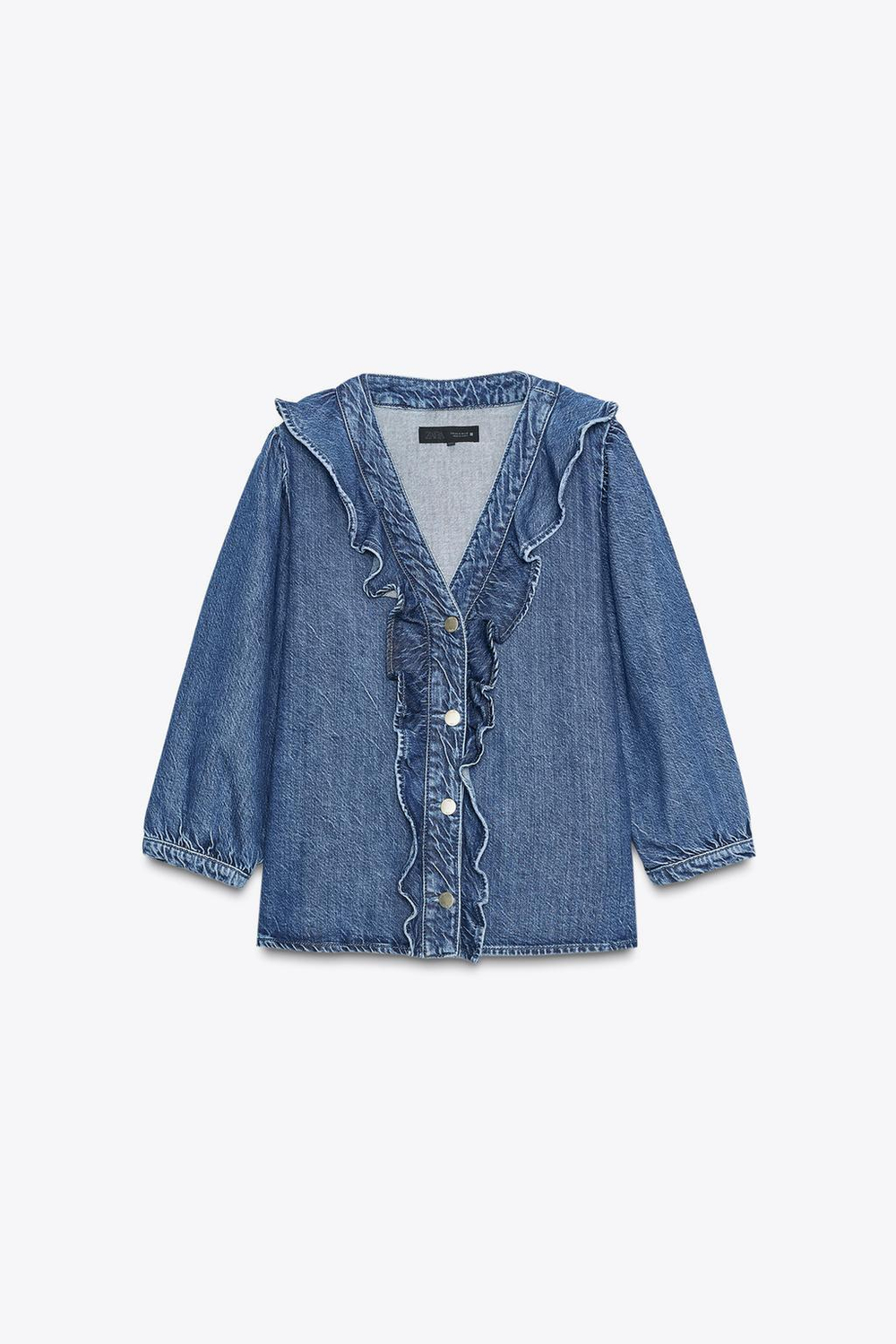 ZARA ДЖИНСОВАЯ РУБАШКА Z1975 С ВОЛАНАМИ, ВЫЦВЕТШИЙ СИНИЙ