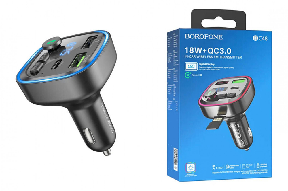FM-модулятор Borofone BC48 18W QC3.0 2xUSB+Type-C BT5.0 Black