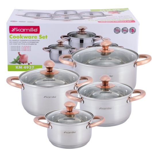 Набор кастрюль 8 предметов Kamille KM 4937 (1,5 л; 2 л; 3 л; 5 л.) из нержавеющей стали с ручками под медь