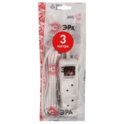 Удлинитель электрический ЭРА U-2s-3m-2x1 без заземления c выключателем 2 розетки 3м ПВС 2x1мм2 10А