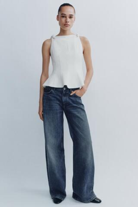 ZARA ТОП С БАСКОЙ И БАНТАМИ, БЕЛЫЙ