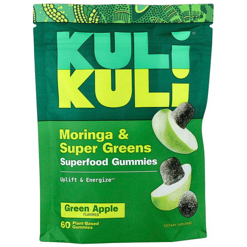 Kuli Kuli, Жевательные мармеладки Superfood, моринга и зелень, зеленое яблоко, 60 жевательных таблеток на растительной основе