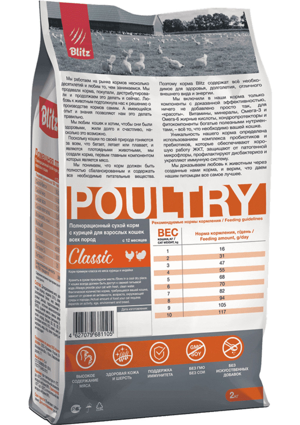 Сухой корм для кошек Blitz Classic Adult Cats Poultry, с домашней птицей 10кг
