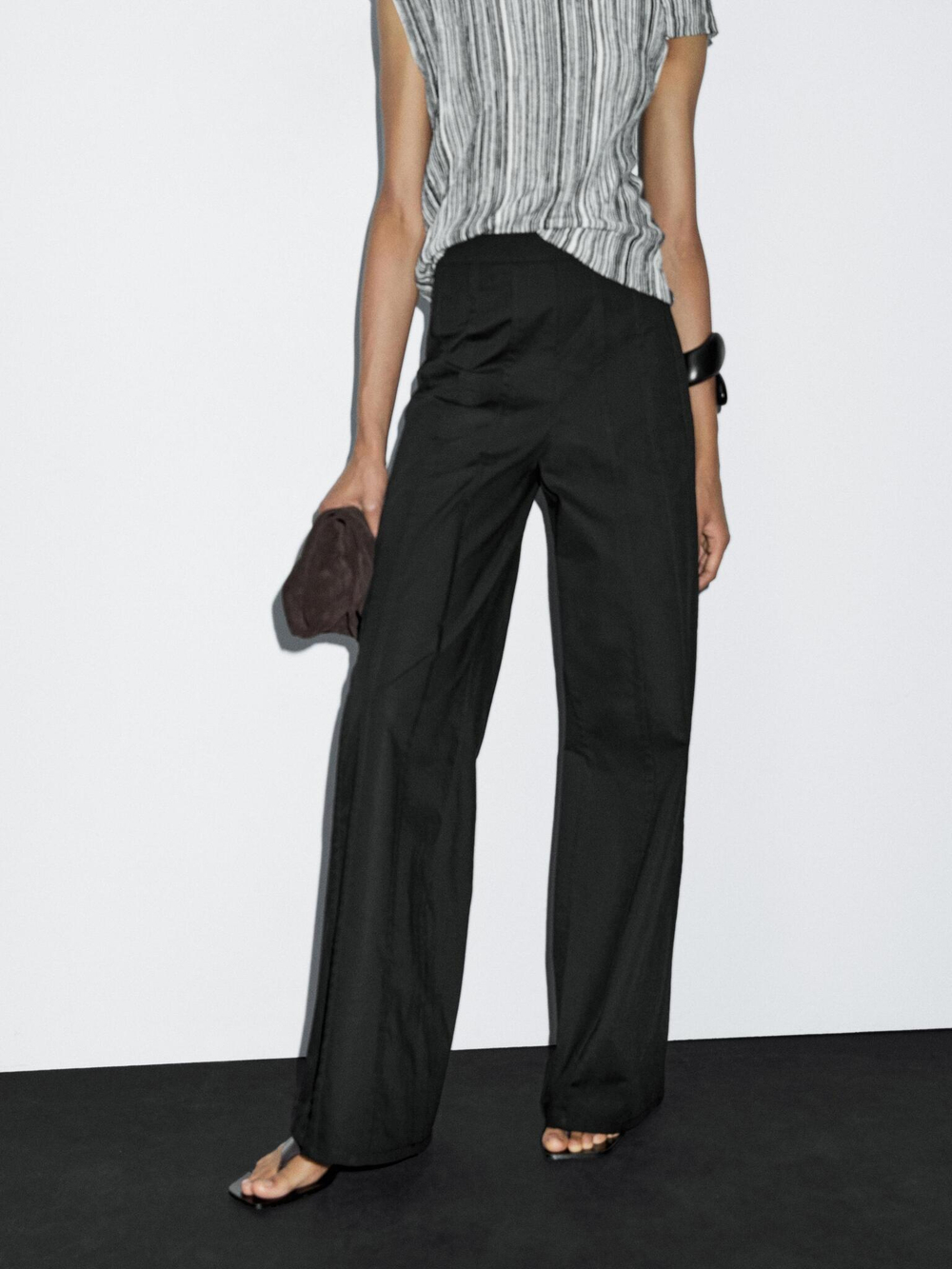 Massimo Dutti Брюки с широкими штанинами и декоративными швами, черный