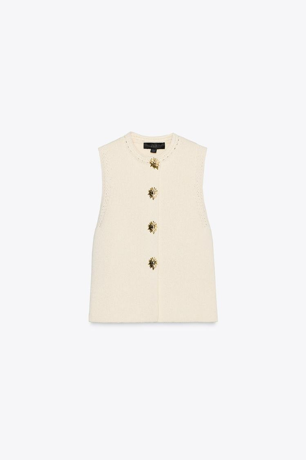 ZARA ТРИКОТАЖНЫЙ ТОП С ЗОЛОТИСТЫМИ ПУГОВИЦАМИ, СВЕТЛО-БЕЖЕВЫЙ
