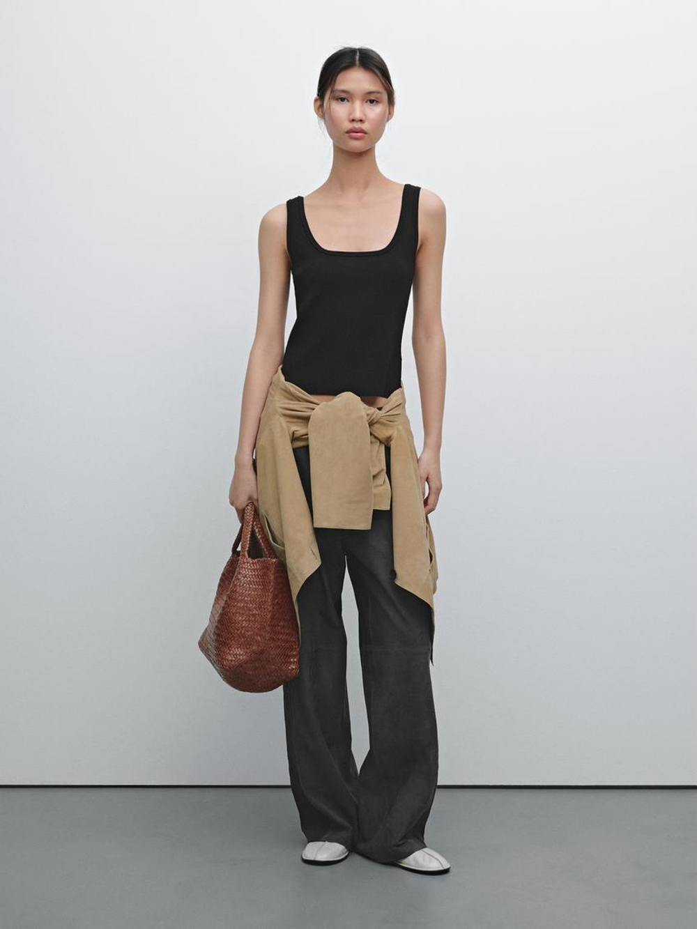 Massimo Dutti Трикотажный топ на бретелях, черный