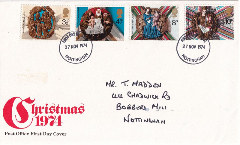 Конверт Первого дня Великобритании от 27 ноября 1974 года с четырьмя марками и спецгашенем