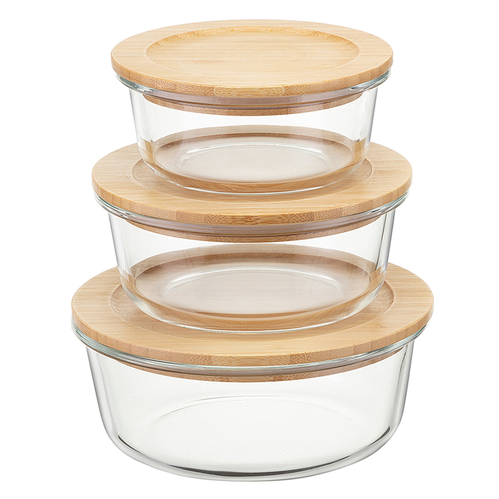 Набор контейнеров для запекания и хранения круглых с крышками из бамбука, 3 шт.