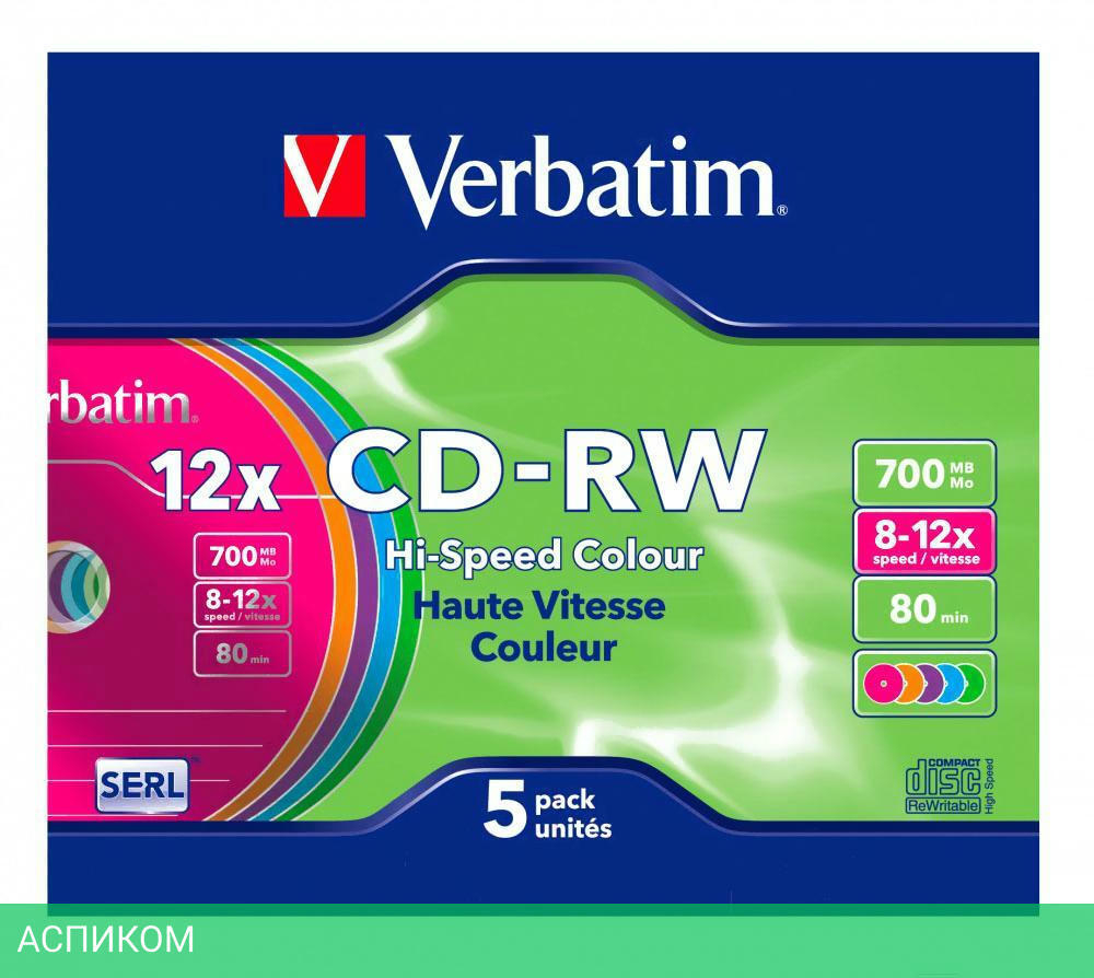 CD-R диск VerbatimW 700Mb 12x Slim case Color 5шт (43167)