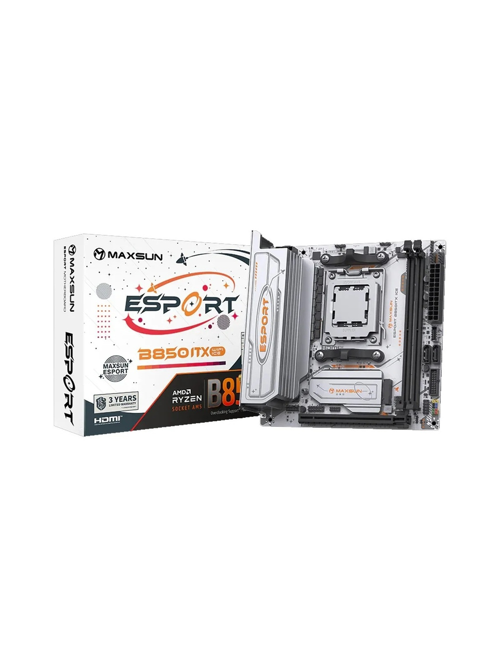 MAXSUN MS-eSport B850ITX WIFI ICE (Socket AM5, mini-ITX, 2*DDR5(96Gb), DP/HDMI,  2*SATA3, 2*M.2,  1*PCIEx16, 4*USB2.0, 2*USB 3.0, 1*Type-C, LAN 1*2,5G, Bluetooth, Wi-Fi 802.11ax, RTL)