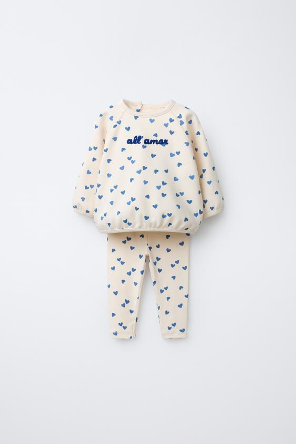 ZARA КОМПЛЕКТ ИЗ ТОЛСТОВКИ И ЛЕГИНСОВ С ВЫШИТЫМИ СЕРДЦАМИ, ЭКРЮ