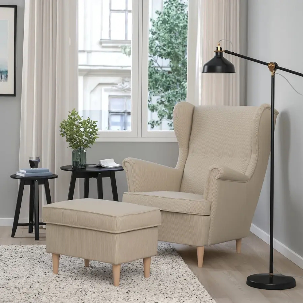Кресло и табурет для ног - IKEA STRANDMON, 82х96х101 см, бежевый, СТРАНДМОН ИКЕА