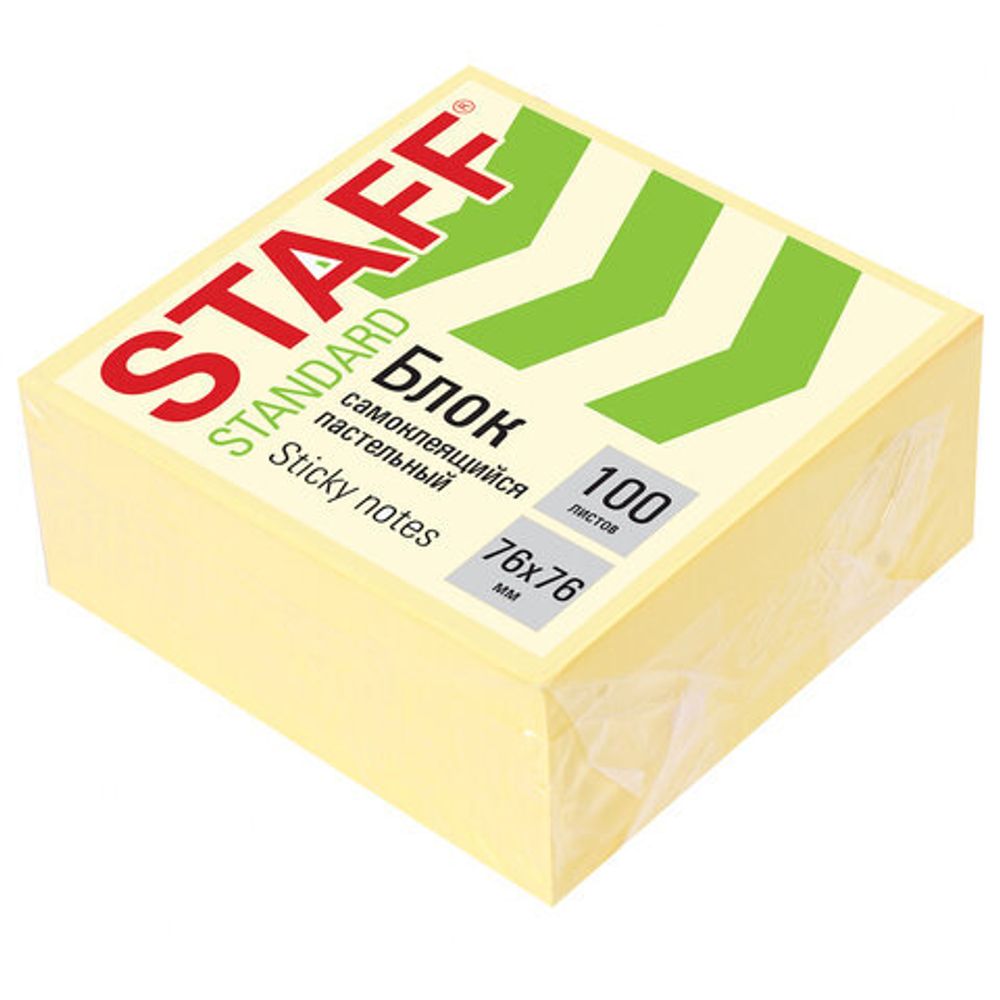 Блок самоклеящийся (стикеры) STAFF STANDARD, ПАСТЕЛЬНЫЙ 76х76 мм, желтый, 400 листов, 116586
