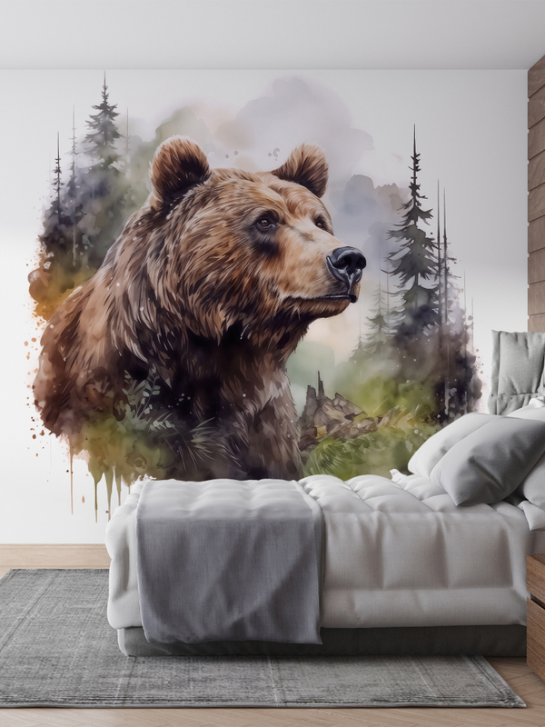 3D Фотообои лес в тумане и медведь