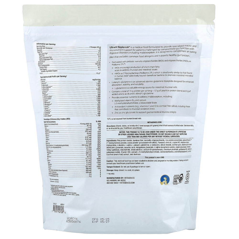 Metagenics, UltraGI Replenish®, полезные продукты, со вкусом шоколада, 630 г (22,22 унции)