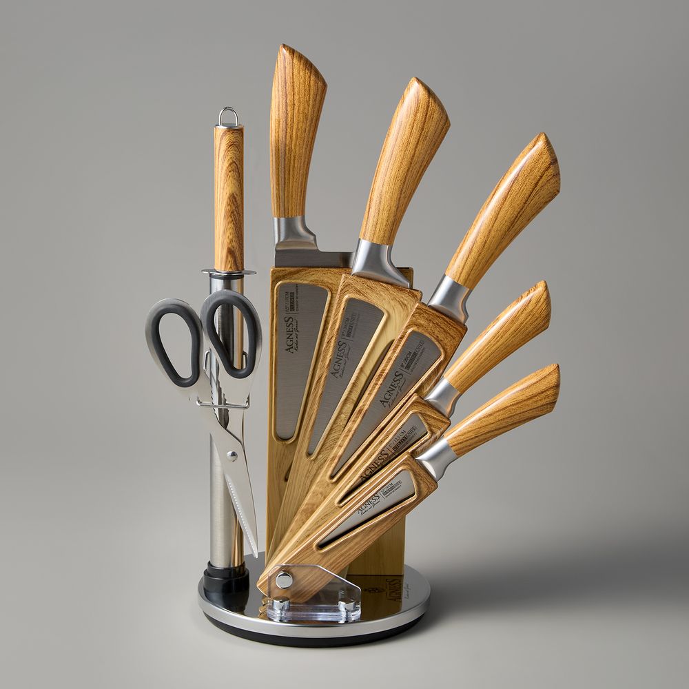 НАБОР НОЖЕЙ AGNESS С НОЖНИЦАМИ И МУСАТОМ НА ПЛАСТИКОВОЙ ПОДСТАВКЕ, 8 ПРЕДМЕТОВ (КОР=6НАБОР.)