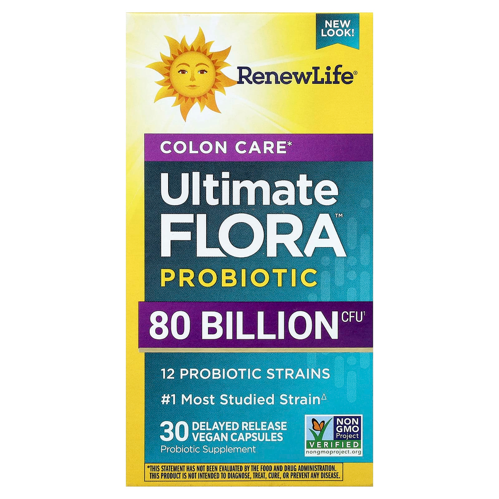 Renew Life, Ultimate Flora™, пробиотик для здоровья кишечника, 30 веганских капсул с отсроченным высвобождением