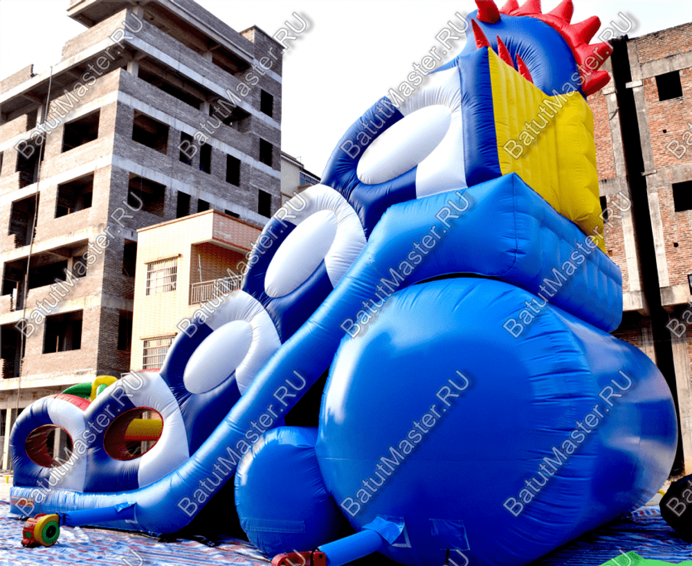 Коммерческий надувной батут-горка "Дракон" 10*5*8 м,без шипов сине-белый