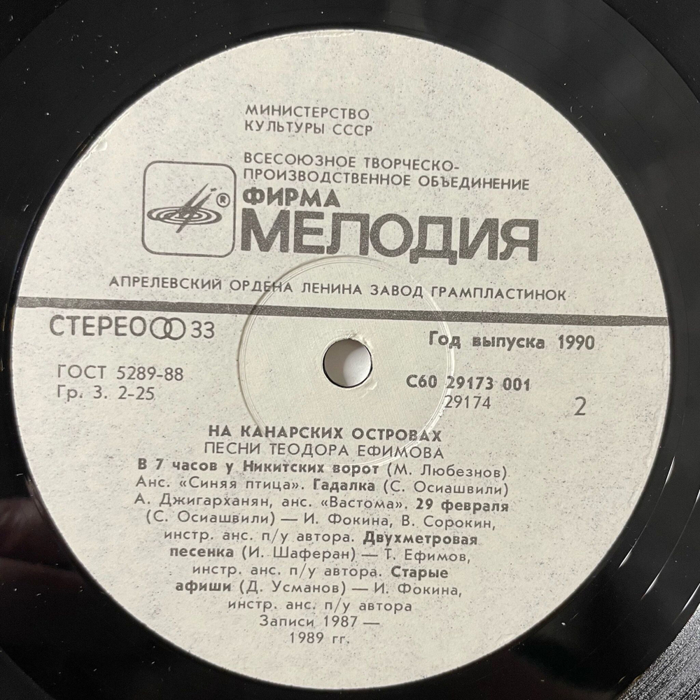 Винтажная виниловая пластинка LP Сборник Теодор Ефимов На Канарских Островах (СССР 1990) (Боярский, Синяя Птица, Веселые Ребята)