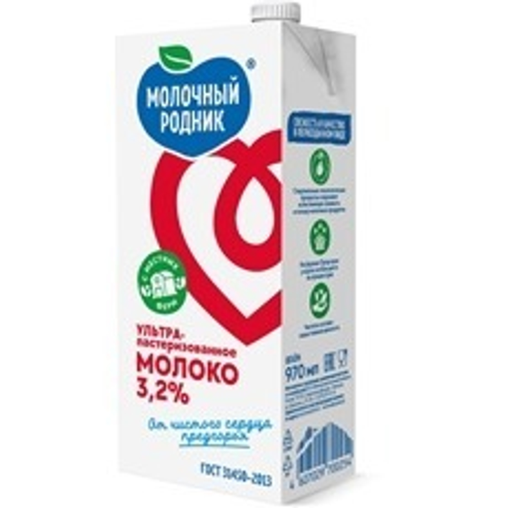 Молоко ультрапастеризованное, 970мл, 3.2%, тетра пак "Молочный родник"