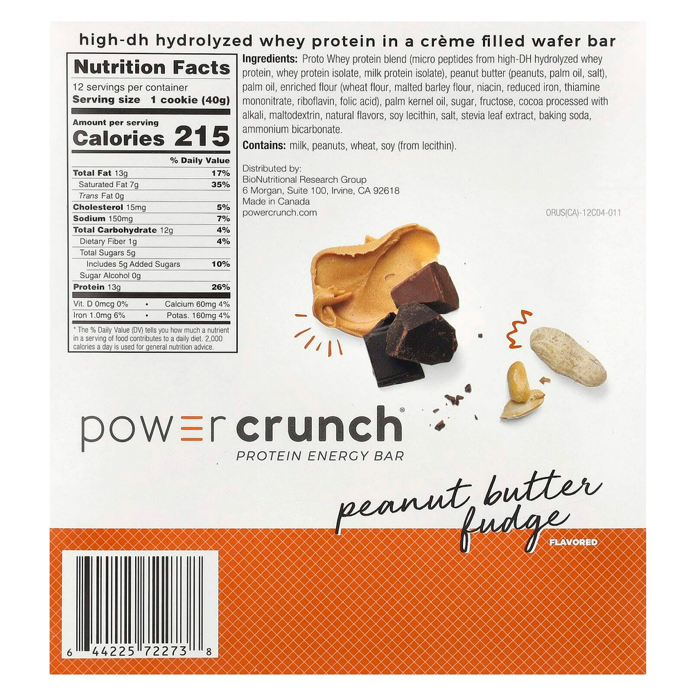 BNRG, Power Crunch® Protein Energy, батончик с арахисовой пастой, 12 батончиков по 40 г (1,4 унции)