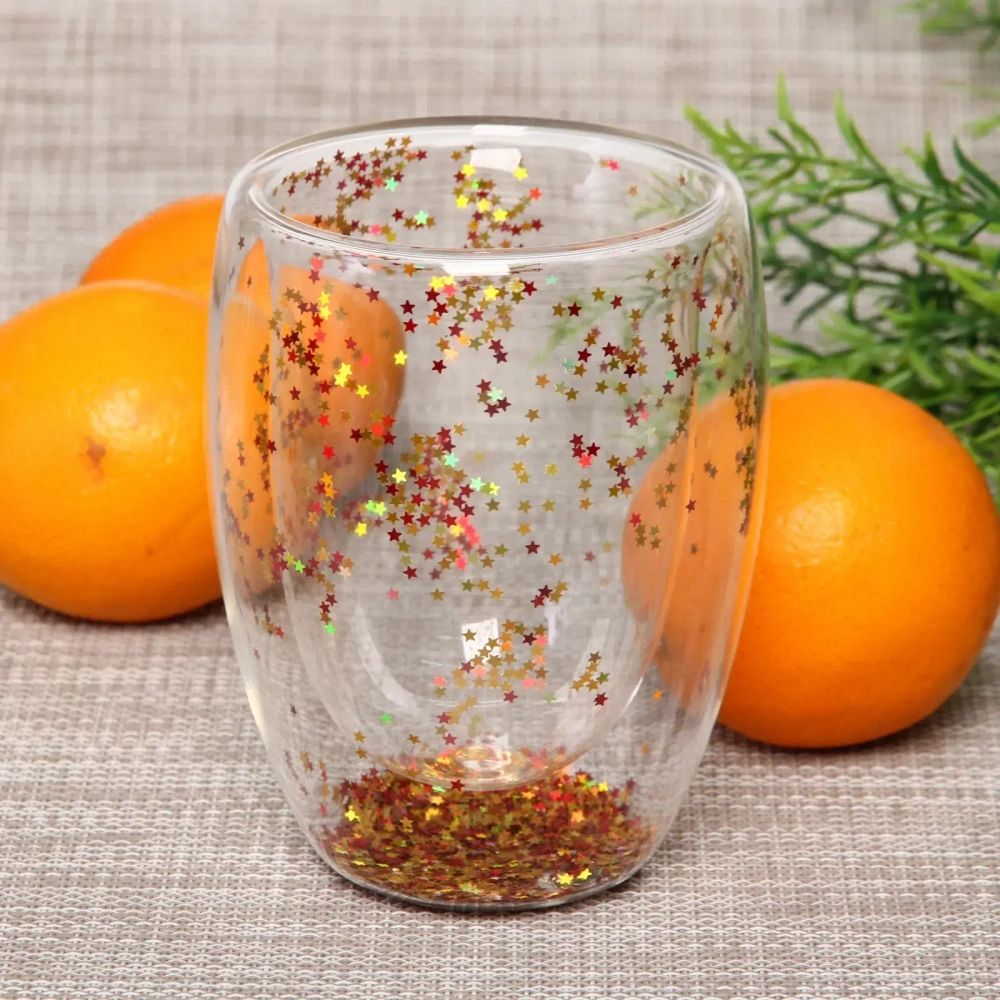 Стакан стеклянный с двойными стенками 350мл с блестками