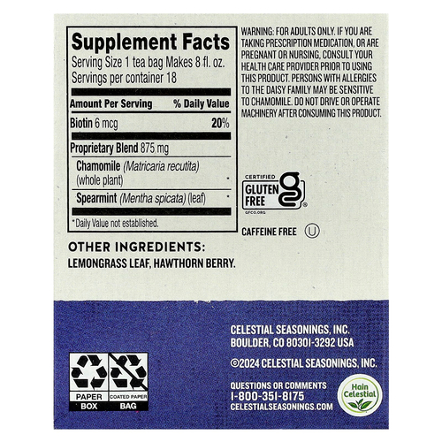 Celestial Seasonings, Wellness Tea, Sleepytime®, биотин Beauty Rest™, без кофеина, 18 чайных пакетиков, 21 г (0,75 унции)
