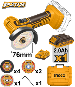 Угловая шлифовальная машина аккумуляторная 76 мм Li-Ion 20В INGCO CAGLI76012 INDUSTRIAL С НДС
