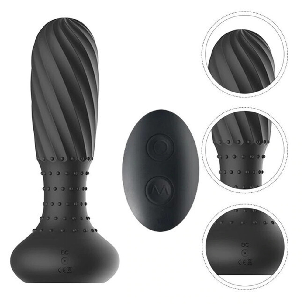 Перезаряжаемая анальная пробка с вибрацией и ротацией с пультом ДУ (Цвет: черный)