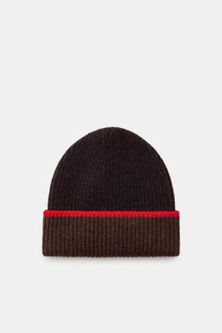 ZARA ШАПКА БИНИ С КОНТРАСТНЫМ ОТВОРОТОМ, ТЕМНО-КОРИЧНЕВЫЙ