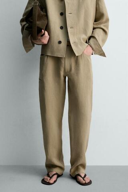 ZARA БРЮКИ BALLOON FIT ИЗ 100% ЛЬНА - LIMITED EDITION, РЫЖЕВАТО-КОРИЧНЕВЫЙ