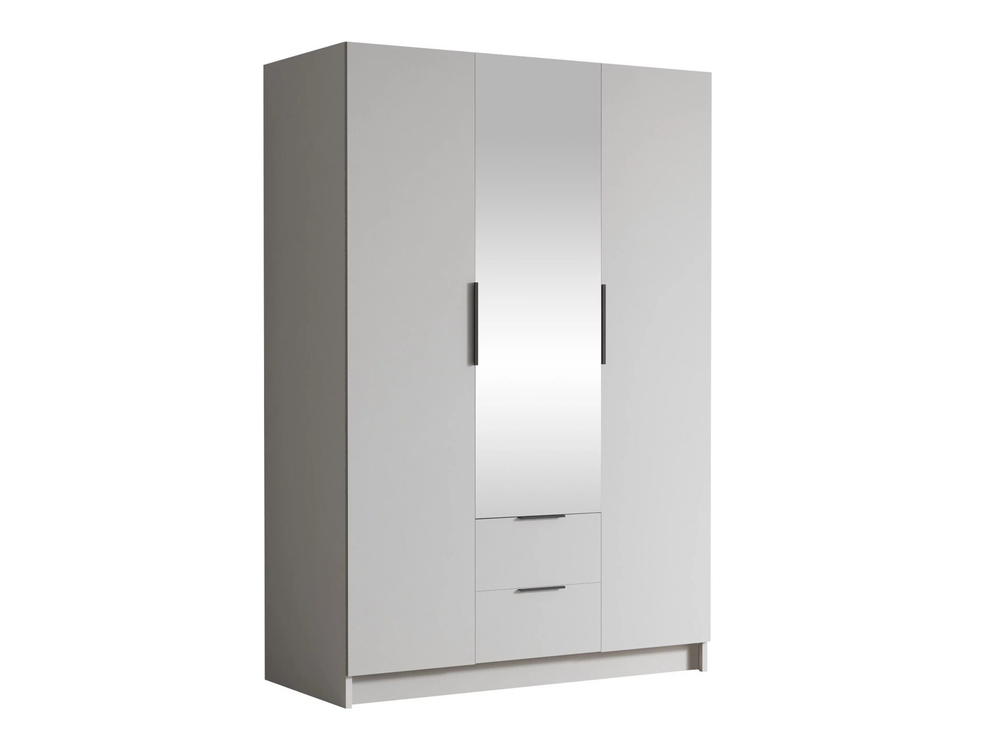 Распашной трехсекционный шкаф Эмма (с зеркалом и 2 ящиками) c черными ручками Белый снег 8685 BS  170*60*240