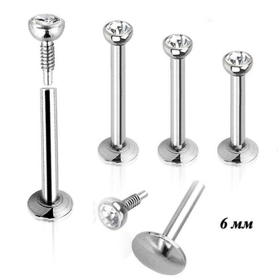 Лабретта 1 шт. для пирсинга губы 6 мм (внутренняя накрутка) с белыми кристаллом