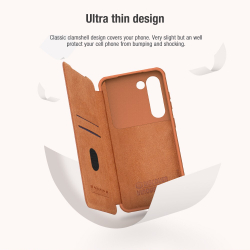 Кожаный чехол книжка коричневого цвета от Nillkin для Samsung Galaxy S23, серия Qin Pro Leather с защитной шторкой для камеры