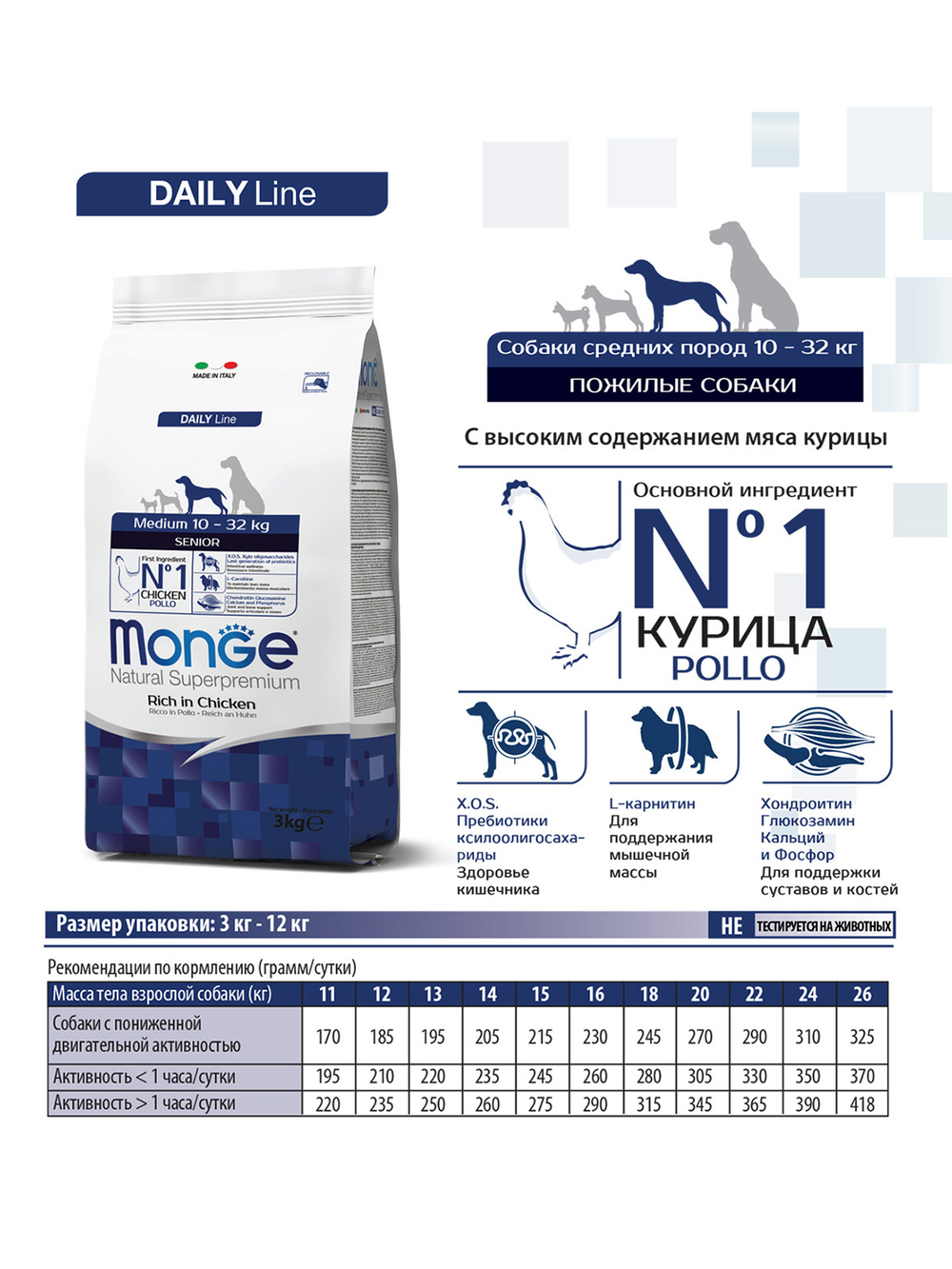 Сухой корм Monge Dog Daily Line Medium для пожилых собак средних пород, из курицы 3 кг