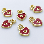 Подвеска Замочек Сердце, цвет золото+красный, размер 12*9 мм, цена за 1 шт